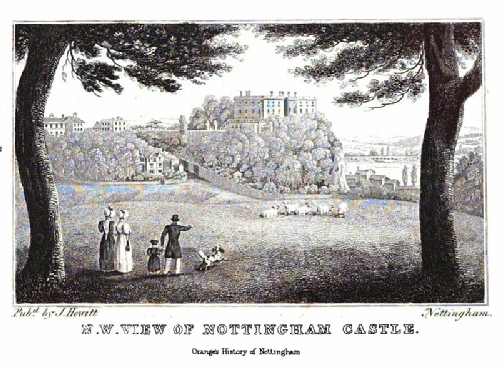 A view from within Nottingham Park with Nottingham Castle on ‘Castle Rock’ looking East. By James Orange, 1840 - The History and Antiquities of Nottingham, Public Domain, https://commons.wikimedia.org/w/index.php?curid=23586238