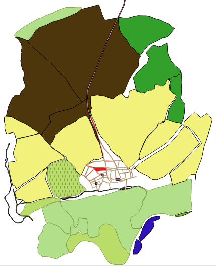 Medieval Nottingham. Extract from the data-set for the map- GIS vector polygons representing arable fields (yellow), meadows (light green), Woodland Coppice (dark green), Heathland (Brown). ©Mercian Archaeological Services CIC 2018. The park is depicted in light green to the west of Nottingham, dotted with trees.